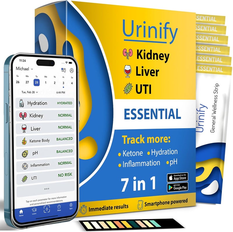 Urinify شرائط اختبار البول للتطبيقات المحمولة - موثوقة في المنزل لاختبار الكلى والكبد، اختبار البروتين البولي، اختبار عدوى المسالك البولية، الترطيب، أجسام الكيتون، الرقم الهيدروجيني، تحليل البول - مجموعة أساسية (6 شرائط) - Image 1